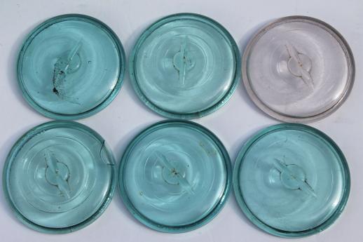 photo of antique Ball mason jar canisters, 6 vintage aqua blue fruit jars w/ lightning lids #5