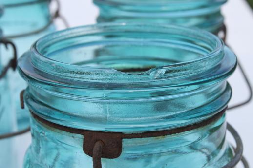 photo of antique Ball mason jar canisters, 6 vintage aqua blue fruit jars w/ lightning lids #6