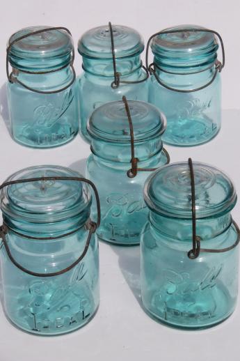 photo of antique  Ball mason jar storage canisters, vintage aqua blue Ball Ideal Mason jars 1908 patent #1