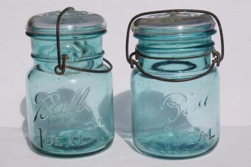 photo of antique  Ball mason jar storage canisters, vintage aqua blue Ball Ideal Mason jars 1908 patent #3