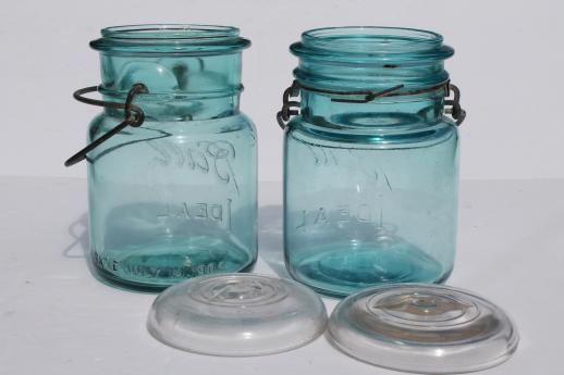 photo of antique  Ball mason jar storage canisters, vintage aqua blue Ball Ideal Mason jars 1908 patent #4