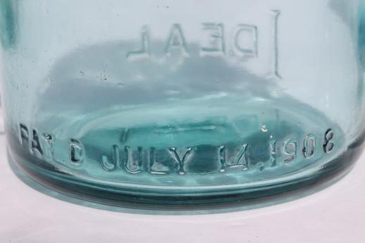 photo of antique  Ball mason jar storage canisters, vintage aqua blue Ball Ideal Mason jars 1908 patent #5