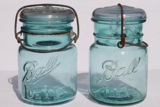 photo of antique  Ball mason jar storage canisters, vintage aqua blue Ball Ideal Mason jars 1908 patent #6