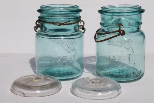 photo of antique  Ball mason jar storage canisters, vintage aqua blue Ball Ideal Mason jars 1908 patent #7