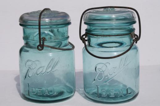 photo of antique  Ball mason jar storage canisters, vintage aqua blue Ball Ideal Mason jars 1908 patent #8