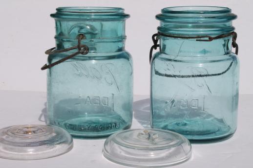 photo of antique  Ball mason jar storage canisters, vintage aqua blue Ball Ideal Mason jars 1908 patent #9