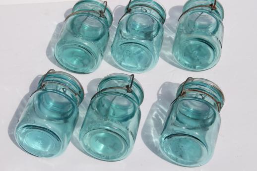 photo of antique  Ball mason jar storage canisters, vintage aqua blue Ball Ideal Mason jars 1908 patent #10
