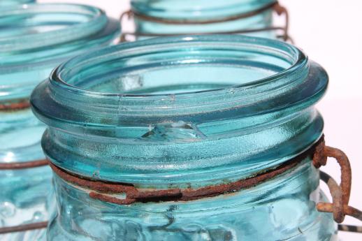 photo of antique Ball mason jar storage canisters, vintage blue glass jars w/ lightning lids lot of 6 #5