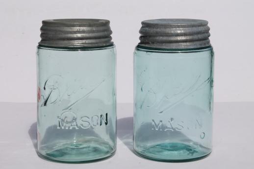 photo of antique  Ball mason jars, vintage aqua blue glass storage jar w/zinc lid #1