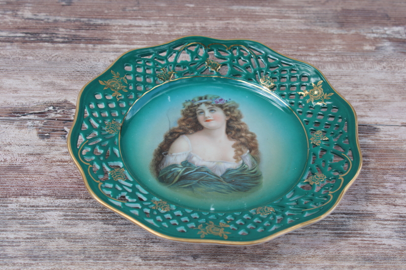 photo of antique Bavaria Germany reticulated china plate, pretty lady portrait on green, early 1900s vintage #1