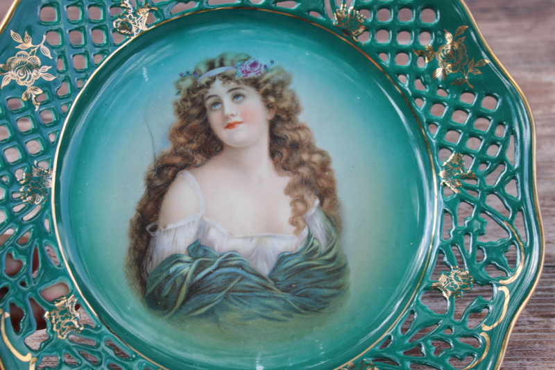 photo of antique Bavaria Germany reticulated china plate, pretty lady portrait on green, early 1900s vintage #2