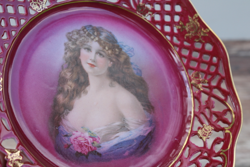 photo of antique Bavaria Germany reticulated china plate, pretty lady portrait on red, early 1900s vintage #2