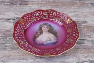 catalog photo of antique Bavaria Germany reticulated china plate, pretty lady portrait on red, early 1900s vintage