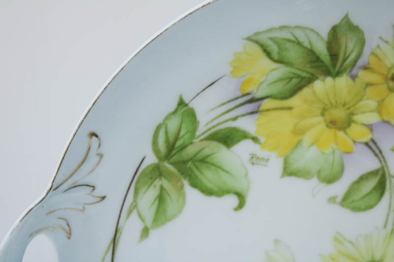 photo of antique Bavaria china cake plate or sandwich tray, hand painted yellow daisies floral artist signed #3