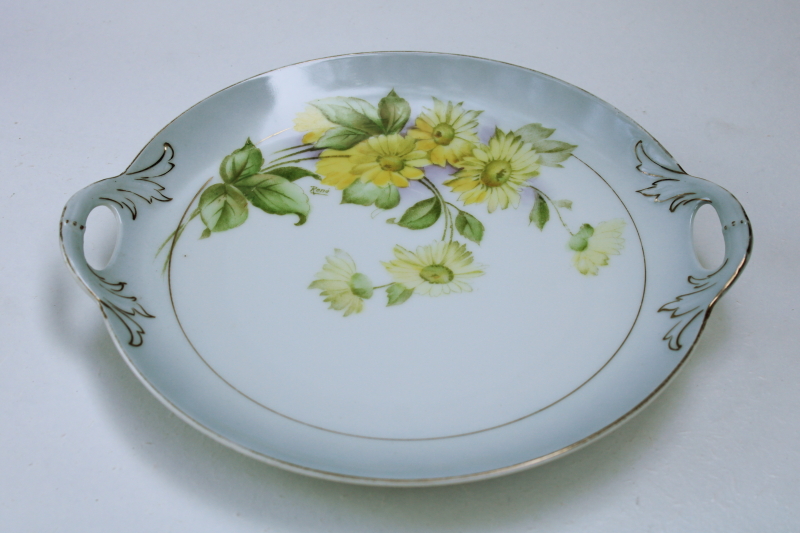 photo of antique Bavaria china cake plate or sandwich tray, hand painted yellow daisies floral artist signed #4