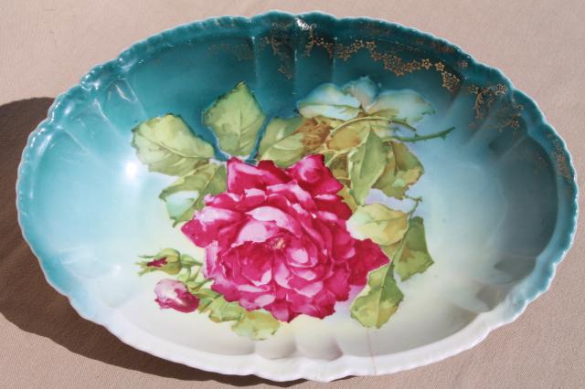 photo of antique Bavaria china dish w/ roses floral, cabbage rose oval bowl shabby vintage chic #6