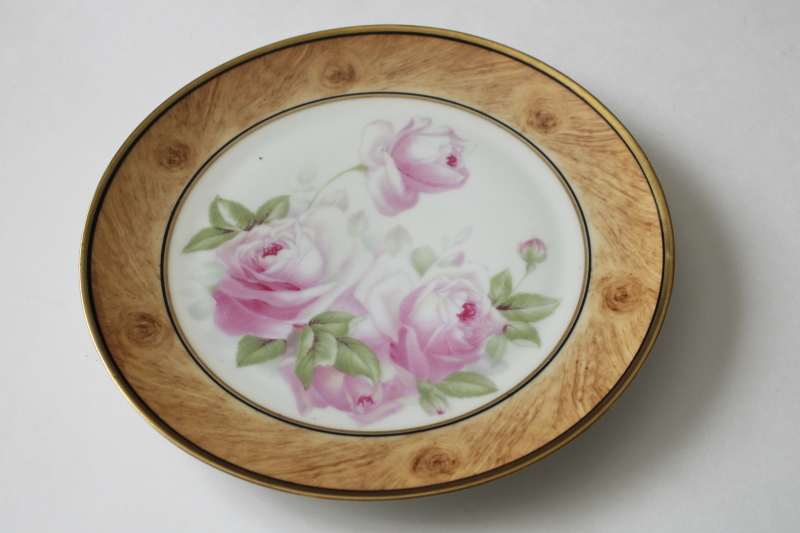 photo of antique Bavaria porcelain plate w/ roses, hand painted wood grained border Royal Munich china  #1