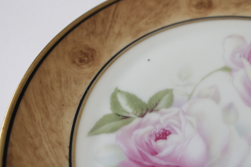 photo of antique Bavaria porcelain plate w/ roses, hand painted wood grained border Royal Munich china #2