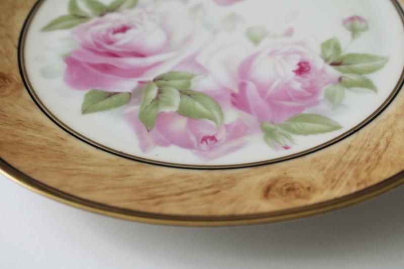 photo of antique Bavaria porcelain plate w/ roses, hand painted wood grained border Royal Munich china #3