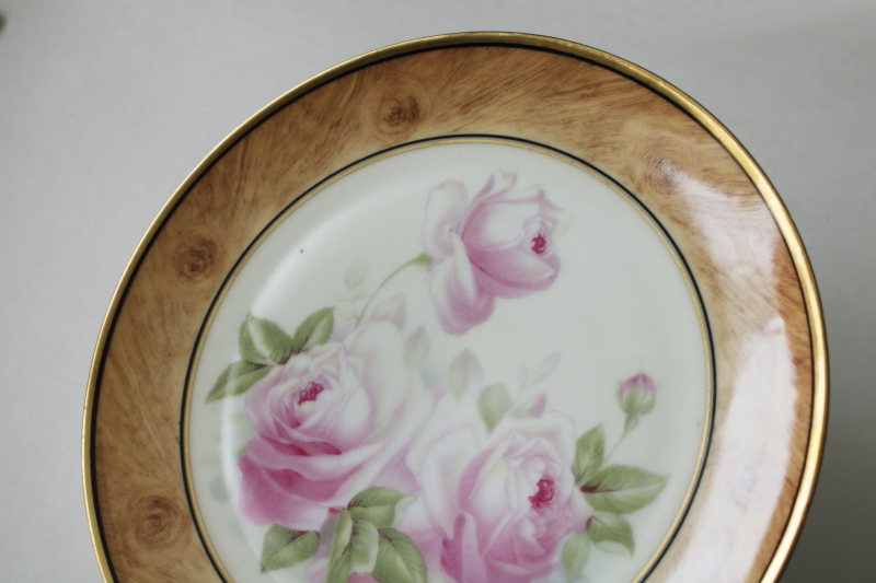 photo of antique Bavaria porcelain plate w/ roses, hand painted wood grained border Royal Munich china #4