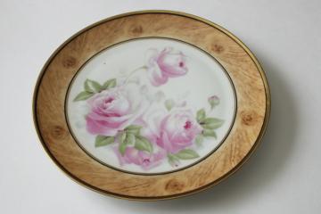 catalog photo of antique Bavaria porcelain plate w/ roses, hand painted wood grained border Royal Munich china 