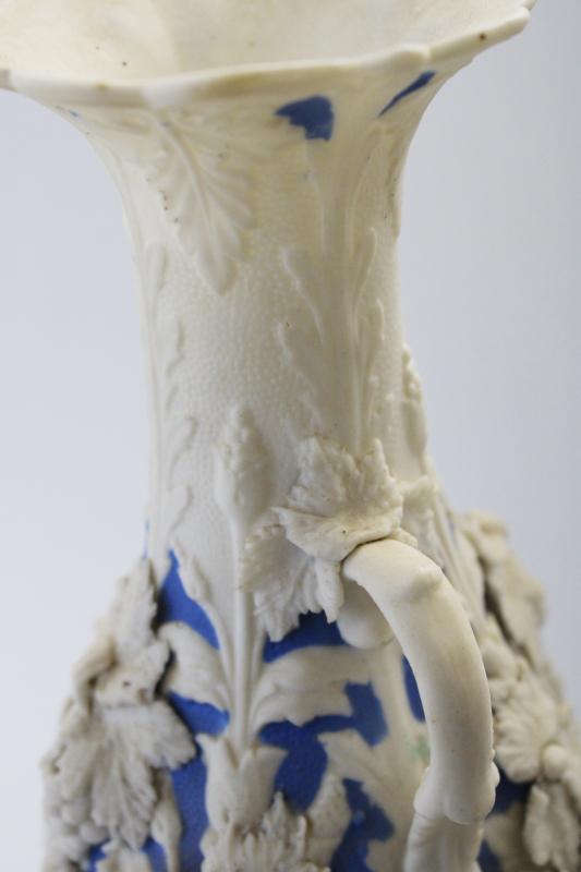 photo of antique Bennington parian ware porcelain vases, large blue & white urns w/ molded grapes #3