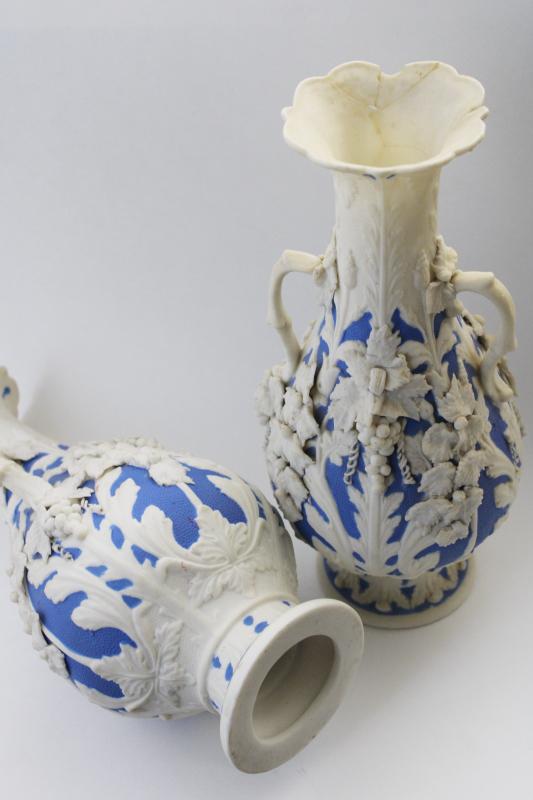 photo of antique Bennington parian ware porcelain vases, large blue & white urns w/ molded grapes #4