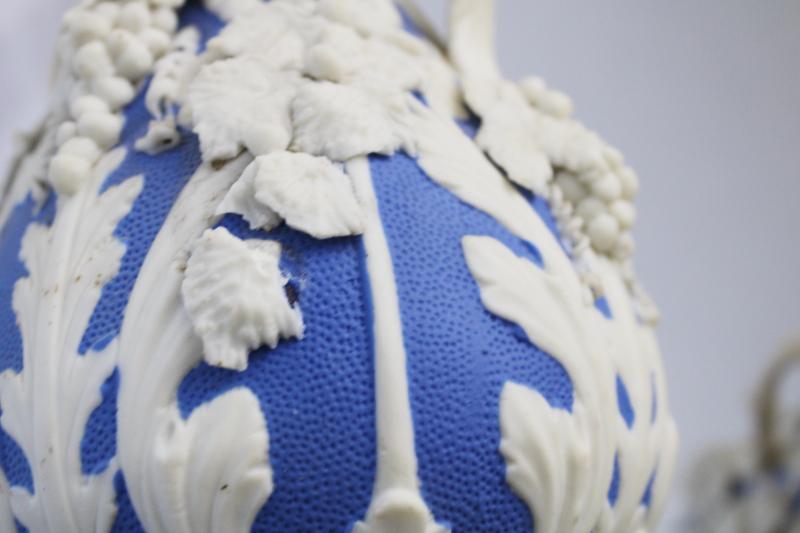 photo of antique Bennington parian ware porcelain vases, large blue & white urns w/ molded grapes #6
