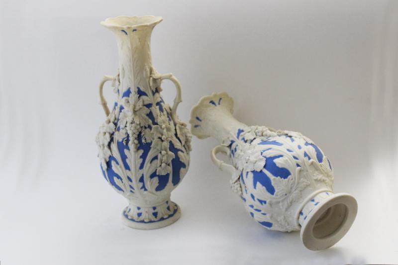 photo of antique Bennington parian ware porcelain vases, large blue & white urns w/ molded grapes #10