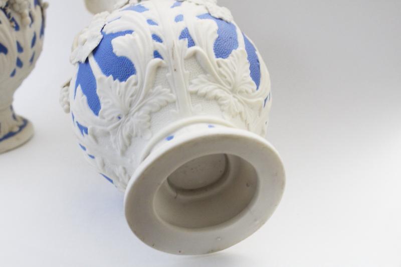 photo of antique Bennington parian ware porcelain vases, large blue & white urns w/ molded grapes #11