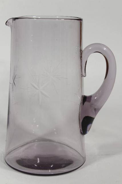 photo of antique Bethlehem star six pointed stars wheel cut etched glass pitcher, sun purple lavender color #3