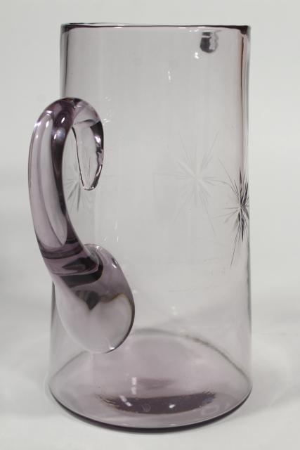 photo of antique Bethlehem star six pointed stars wheel cut etched glass pitcher, sun purple lavender color #9