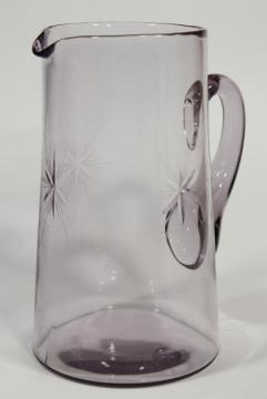 catalog photo of antique Bethlehem star six pointed stars wheel cut etched glass pitcher, sun purple lavender color