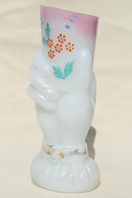 photo of antique Bristol glass vase, shaded pink / white glass w/ hand painted flowers hand holding vase #1