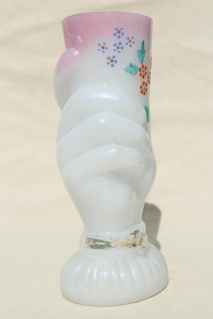 photo of antique Bristol glass vase, shaded pink / white glass w/ hand painted flowers hand holding vase #2