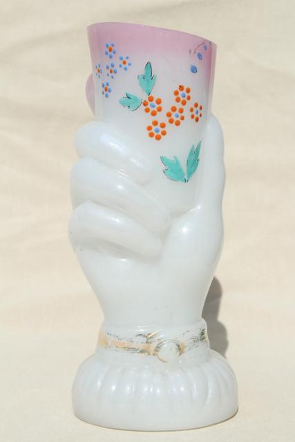 photo of antique Bristol glass vase, shaded pink / white glass w/ hand painted flowers hand holding vase #3