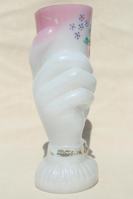 photo of antique Bristol glass vase, shaded pink / white glass w/ hand painted flowers hand holding vase #4