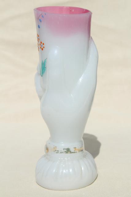 photo of antique Bristol glass vase, shaded pink / white glass w/ hand painted flowers hand holding vase #6