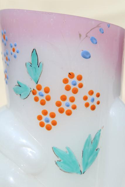 photo of antique Bristol glass vase, shaded pink / white glass w/ hand painted flowers hand holding vase #7