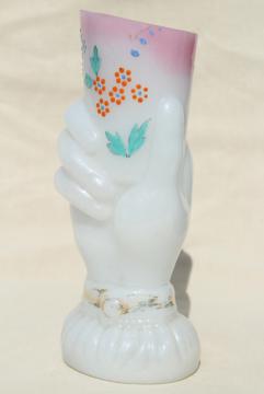 catalog photo of antique Bristol glass vase, shaded pink / white glass w/ hand painted flowers hand holding vase