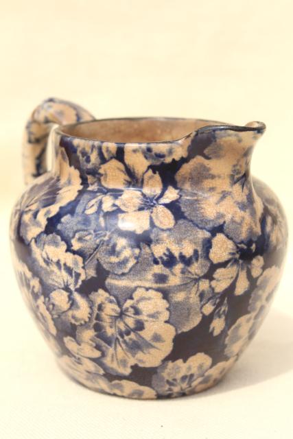 photo of antique Buffalo china blue & white geranium leaf cream pitcher, shabby browned chintz china #1