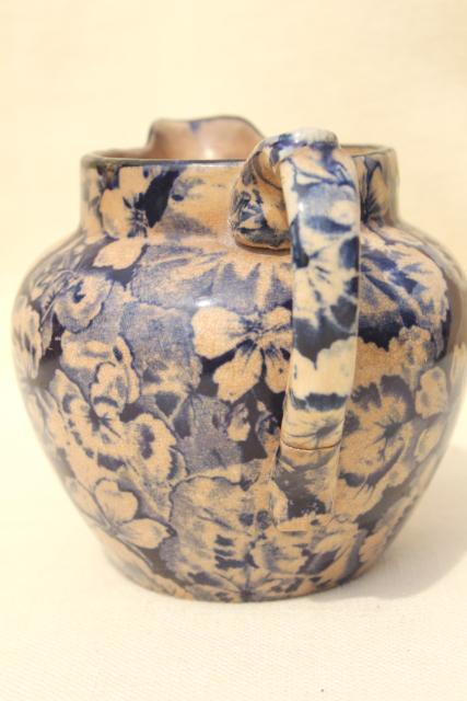 photo of antique Buffalo china blue & white geranium leaf cream pitcher, shabby browned chintz china #3