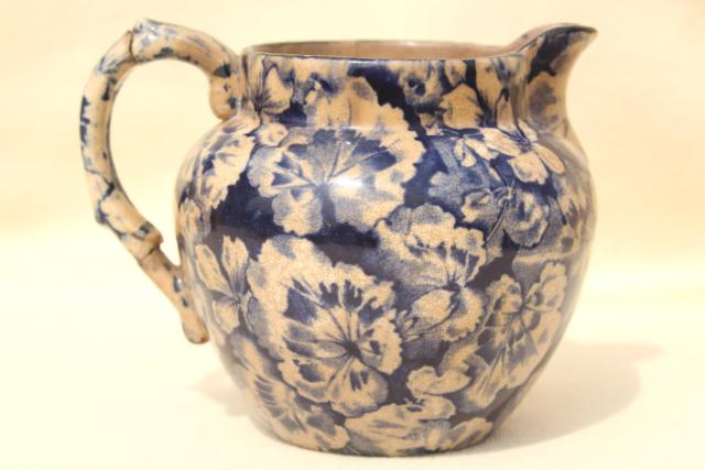 photo of antique Buffalo china blue & white geranium leaf cream pitcher, shabby browned chintz china #4