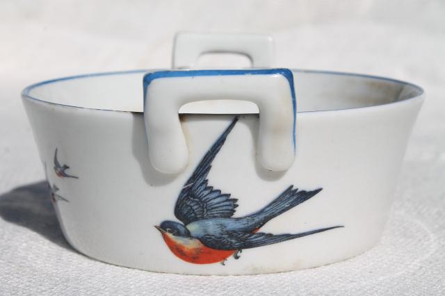 photo of antique Buffalo china w/ bluebirds, vintage blue bird bucket butter dish tub #2