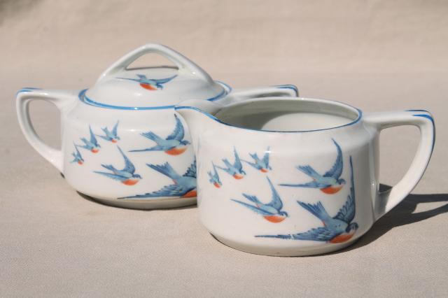 photo of antique Buffalo china w/ bluebirds, vintage blue bird creamer & sugar set #1