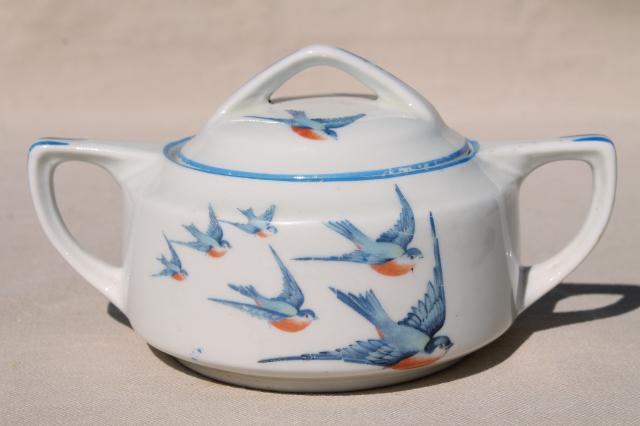 photo of antique Buffalo china w/ bluebirds, vintage blue bird creamer & sugar set #3