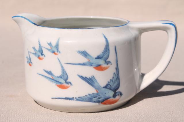 photo of antique Buffalo china w/ bluebirds, vintage blue bird creamer & sugar set #5
