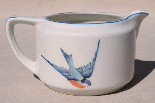 photo of antique Buffalo china w/ bluebirds, vintage blue bird creamer & sugar set #6