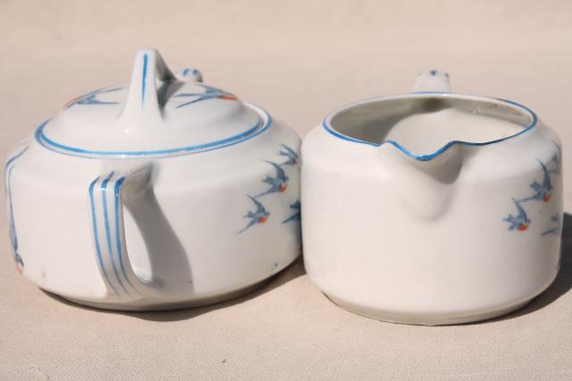 photo of antique Buffalo china w/ bluebirds, vintage blue bird creamer & sugar set #7