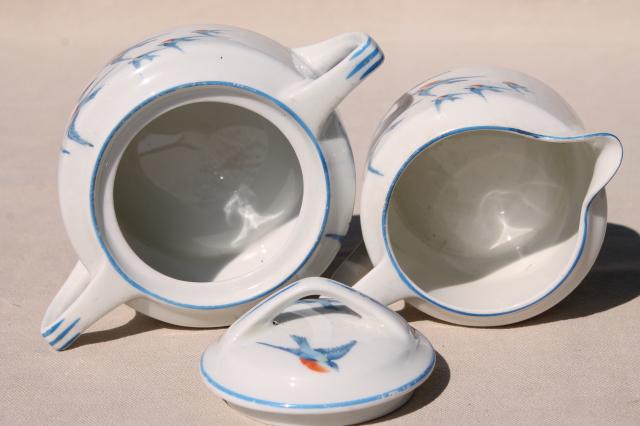 photo of antique Buffalo china w/ bluebirds, vintage blue bird creamer & sugar set #8